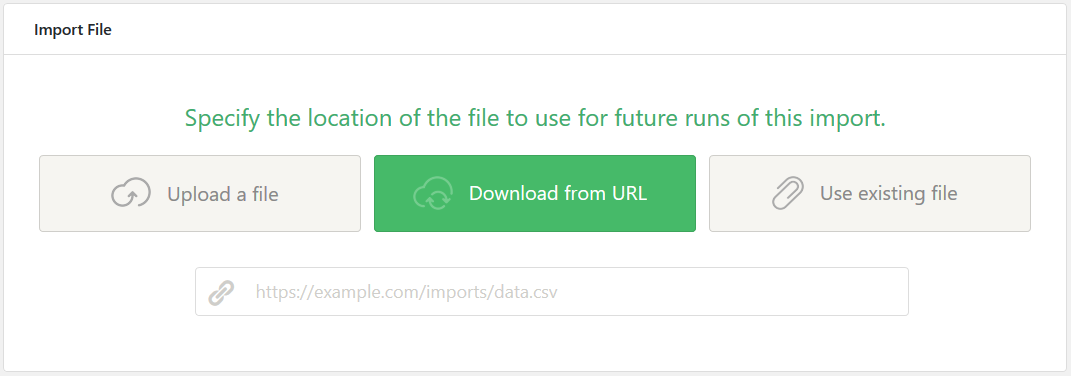 WP All Import &lsquo;import file location&rsquo; setup dialog